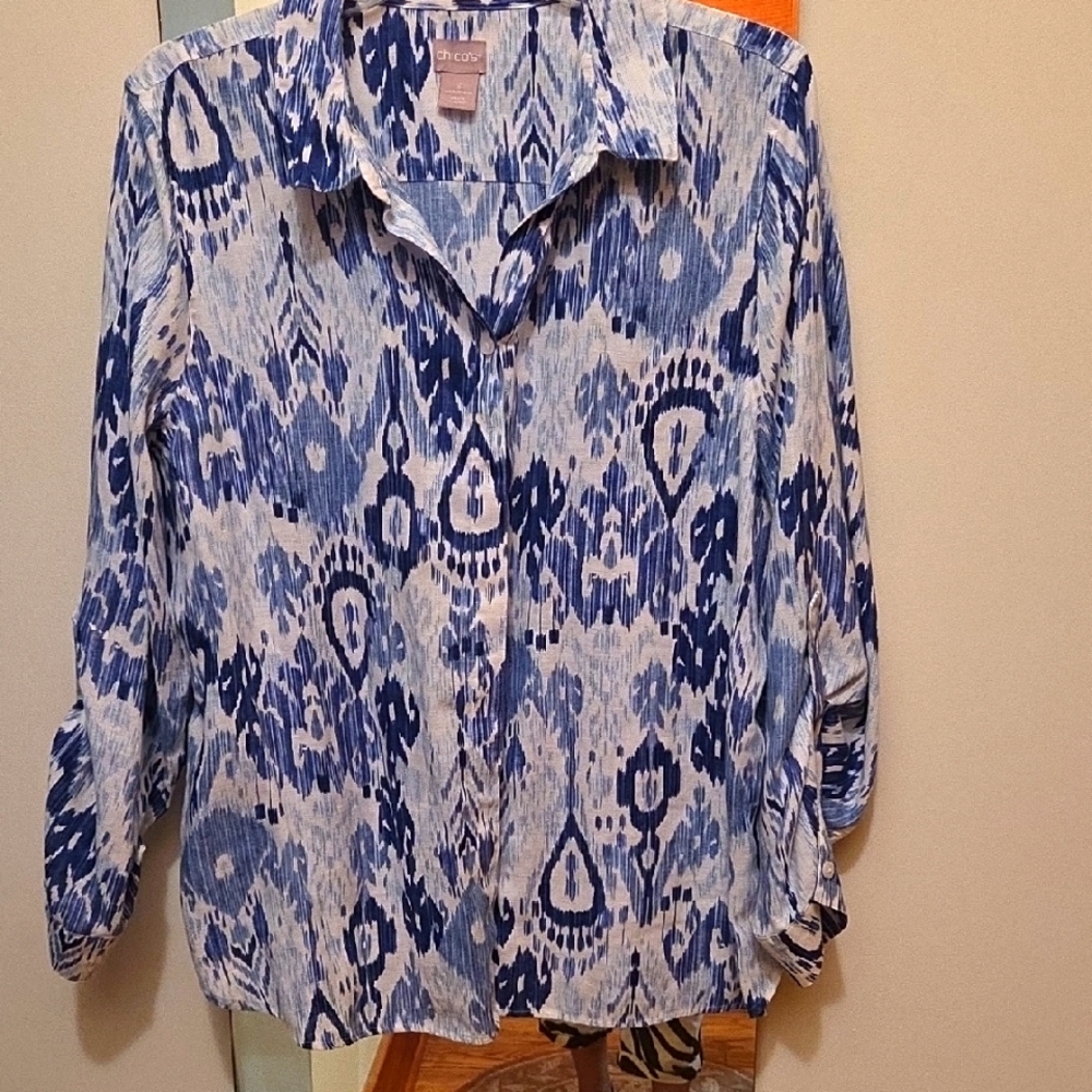 Chico's Blue Patterned  No Iron Women's Shirt Size 3